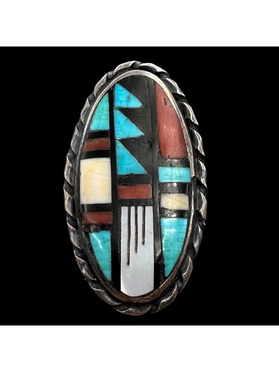 John & Rosalie Bowannie Jewelry - Vintage Zuni Sterling Silver Inlay Statement Ring Signed J.R.B. Sz 6.75 Bowannie